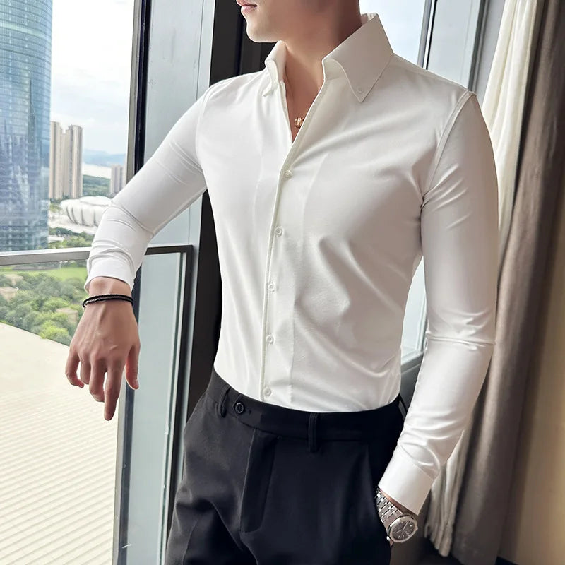 Men Dress Shirt 2026 Autumn British Style Solid Casual Slim Fit Formal Camisas V-neck Long Sleeves Shirt Streetwear Men Clothing